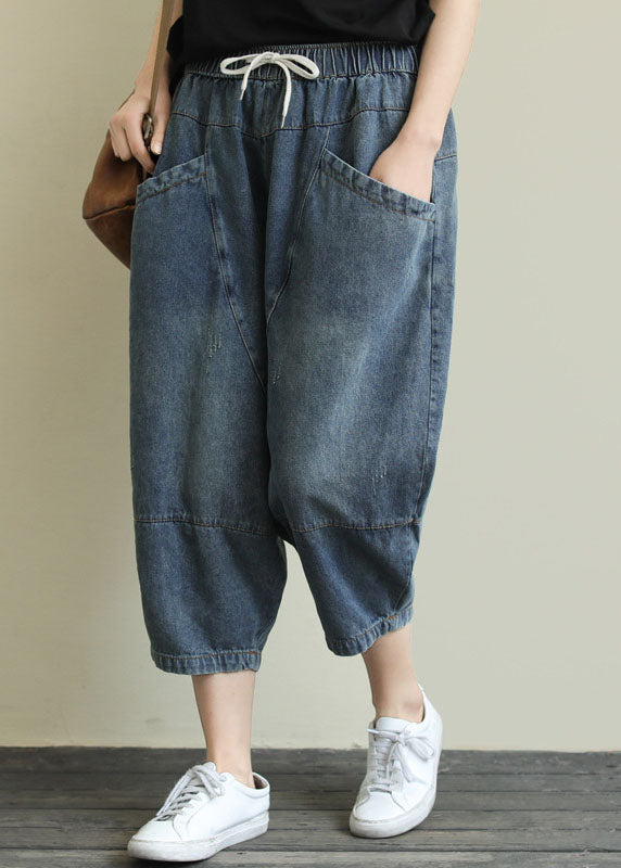French Light Blue Pockets Elastic Waist Cotton Denim Pants Spring