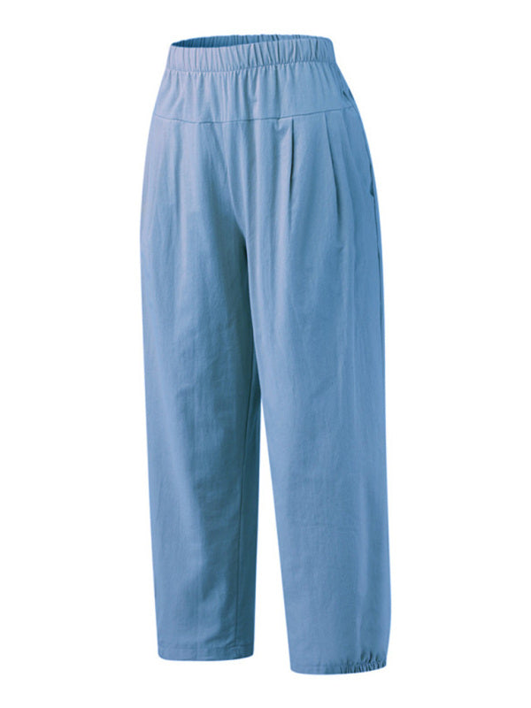 Loose Harem Pants High Waist Cotton Linen Cropped Pants Wide Leg Pants