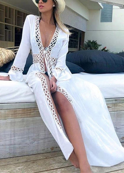 White V Neck Hollow Out Lace Up Cotton Cardigans Summer