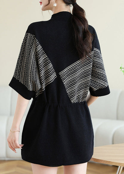 New Coffee O-neck Print Drawstring Knit Top Spring