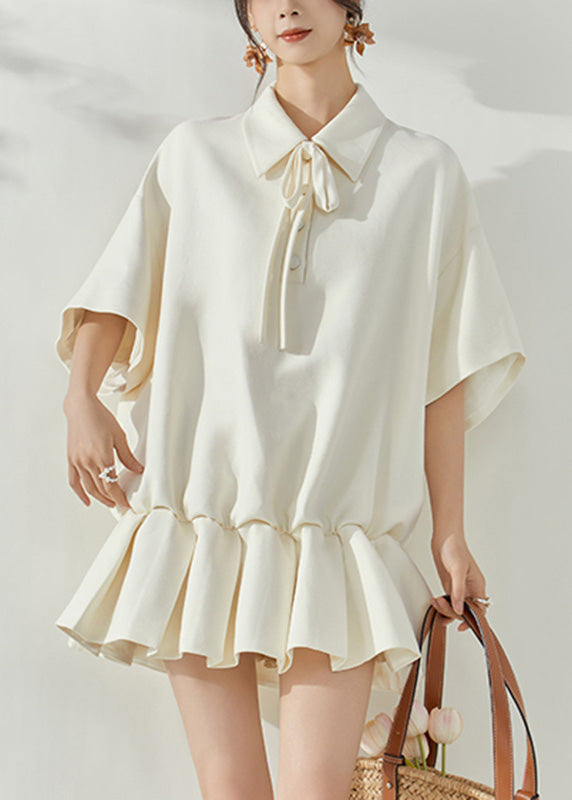 White Peter Pan Collar Tie Lace Mid Dresses Short Sleeve