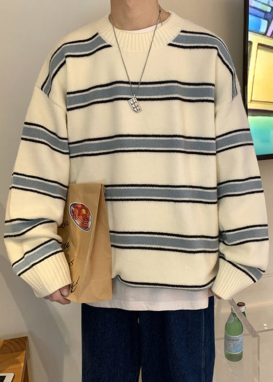 French White Striped Cozy Knit Sweaters Winter