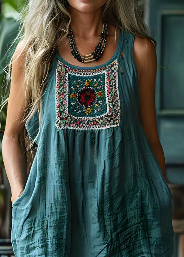 Blue O Neck Print Cotton Tank Top Sleeveless