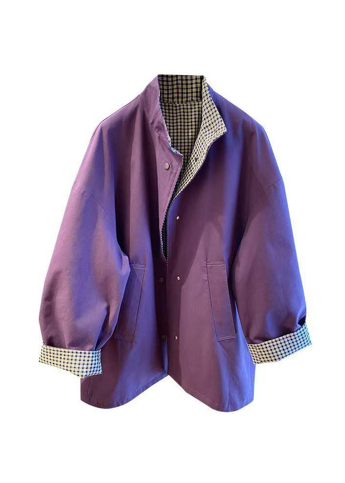Purple Stand Collar Wear on Both Sides Cotton Jacket Fall