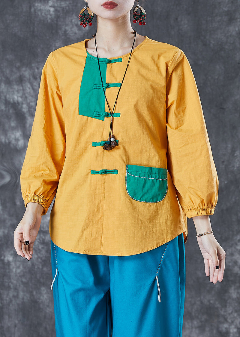 Yellow Chinese Button Patchwork Linen Shirt Top Summer