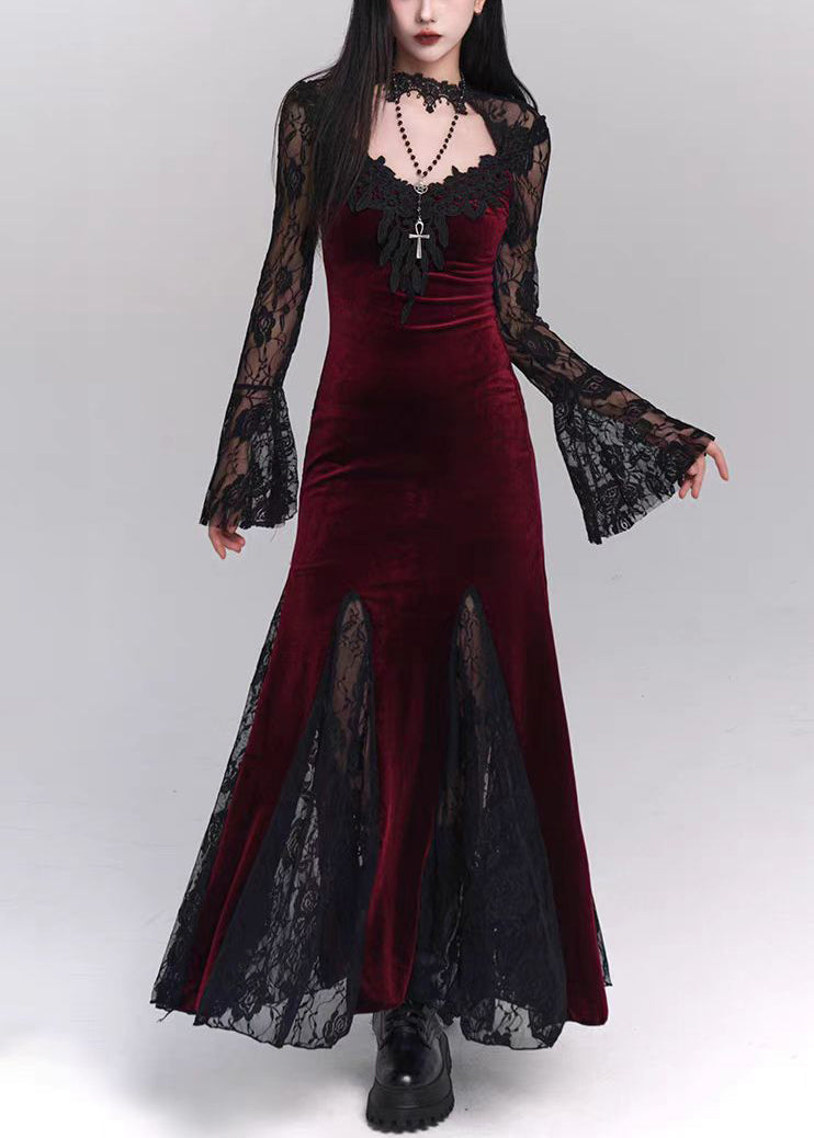 Black Hollow Out Lace Patchwork Silk Velvet Maxi Dresses Flare Sleeve