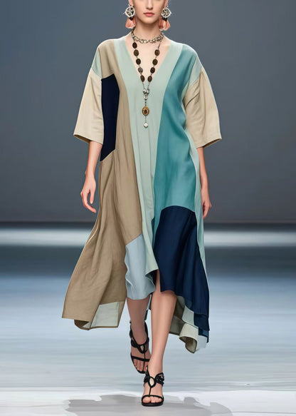 Stylish Asymmetrical Patchwork Cotton Robe Dresses Summer