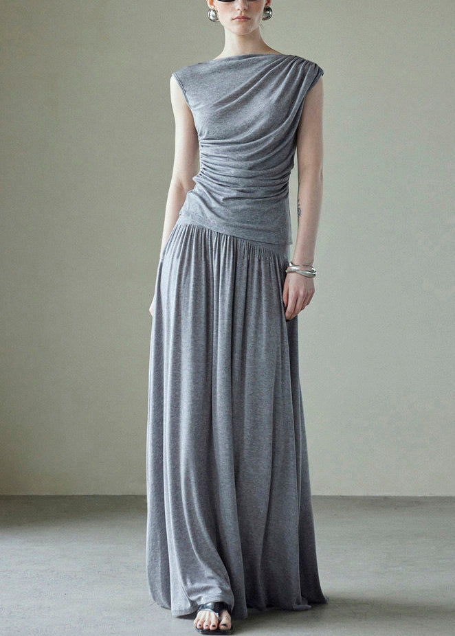 Grey Pockets Tops and Skirts Cotton Two Pieces Set Wrinkled Summer