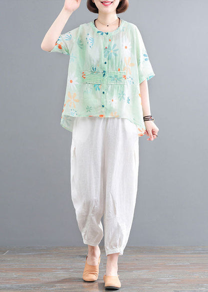 Green O-neck Button Wrinkled Print Cotton Shirts Half Sleeve