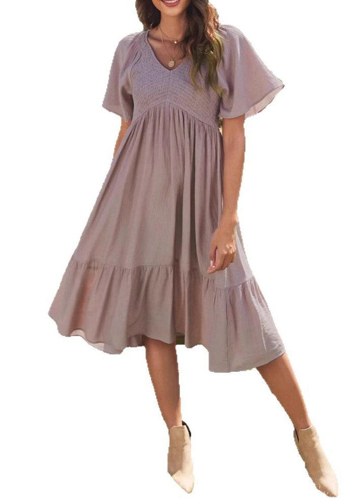 Simple Purple V Neck Wrinkled Cotton Dresses Summer