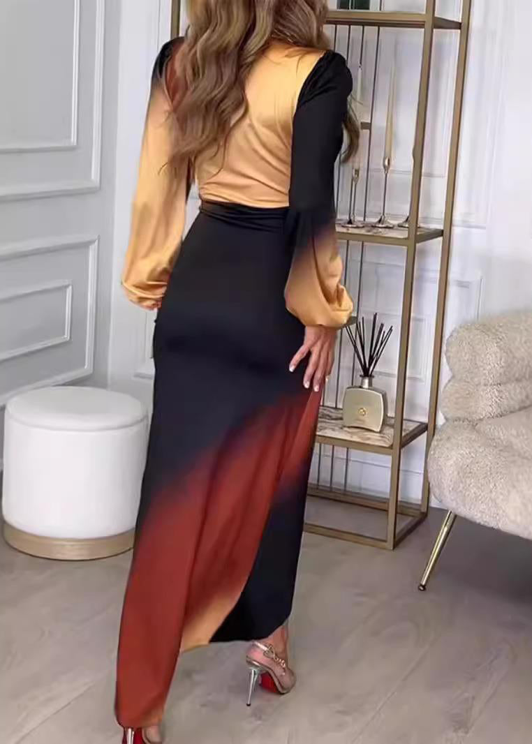 Gradient Color V Neck Patchwork Cotton Dress Long Sleeve