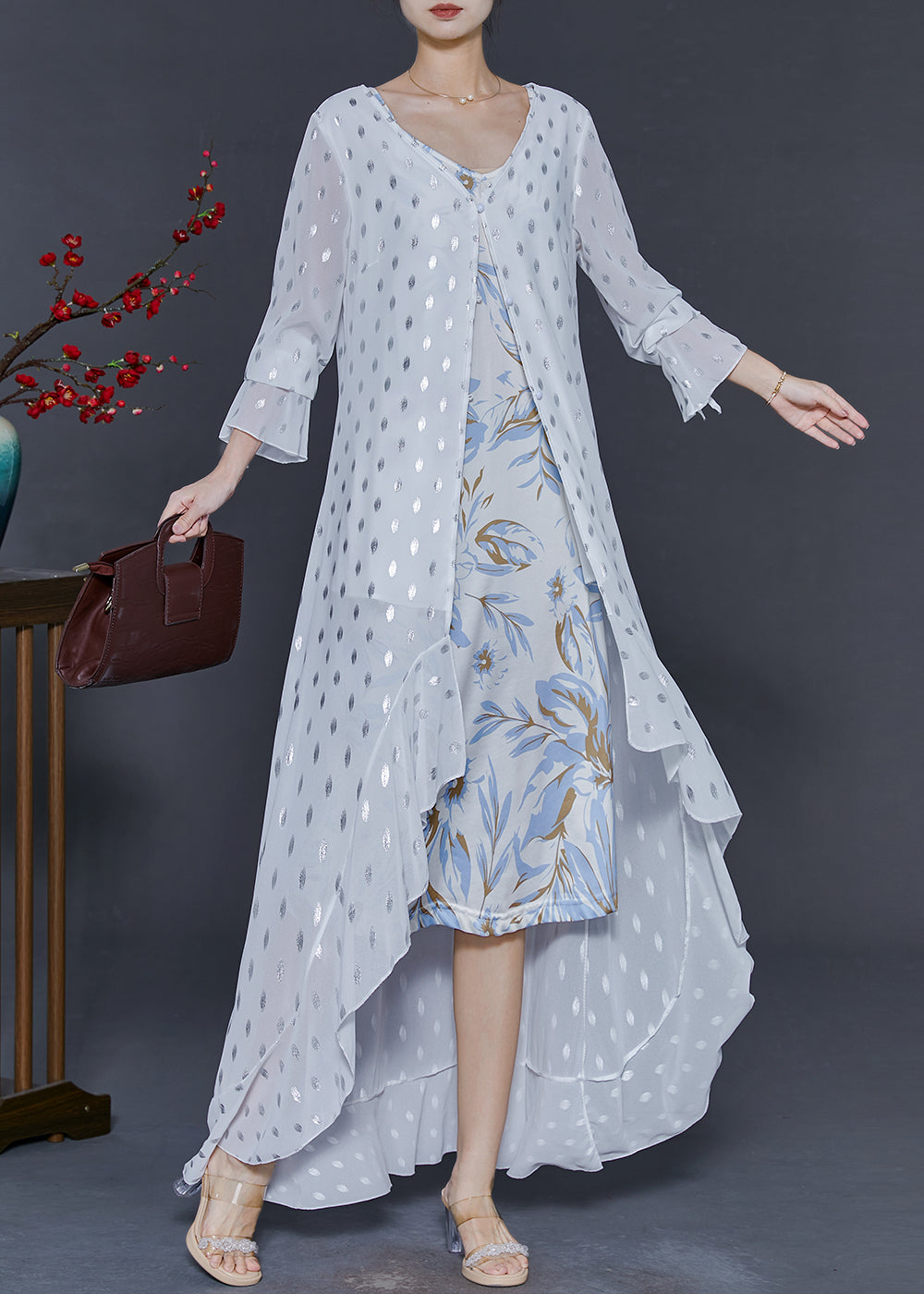 Modern White Sequins Ruffles Chiffon Long Dresses Fall
