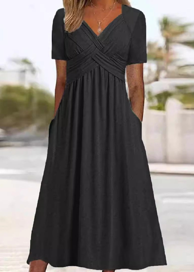 New Green V Neck Pockets Cotton Long Dress Summer