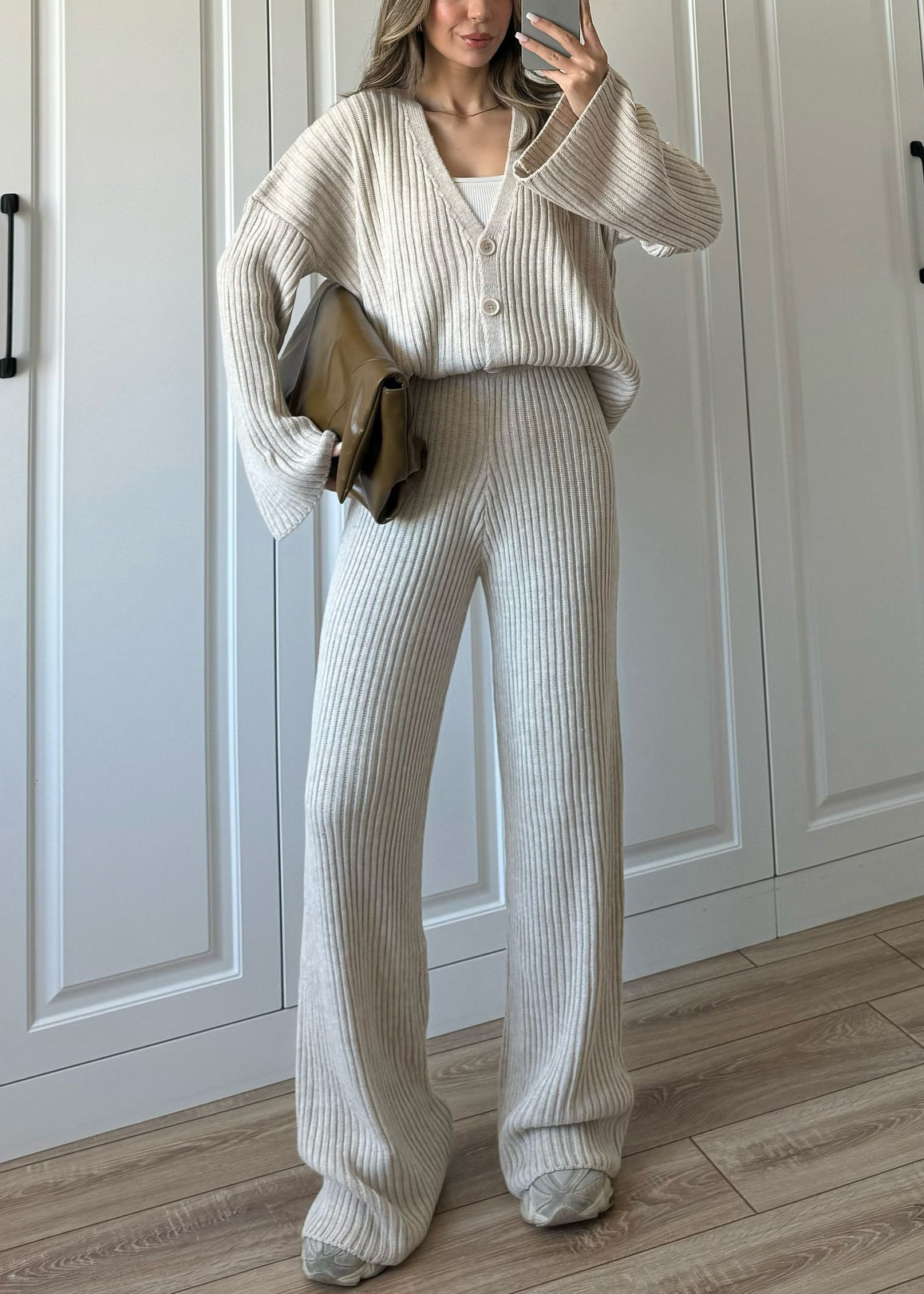 Loose Light Grey V Neck Button Knit Two Piece Set Fall