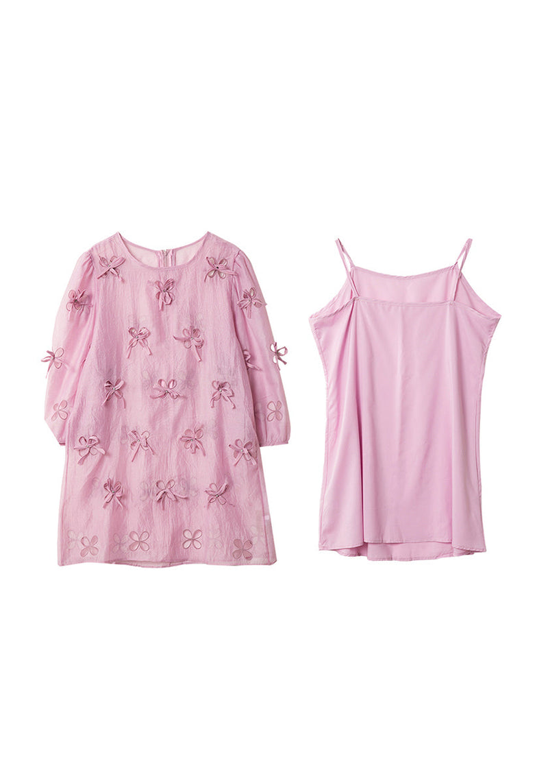 Style Light Purple O Neck Bow Zircon Chiffon Two Piece Set Mid Dress Summer