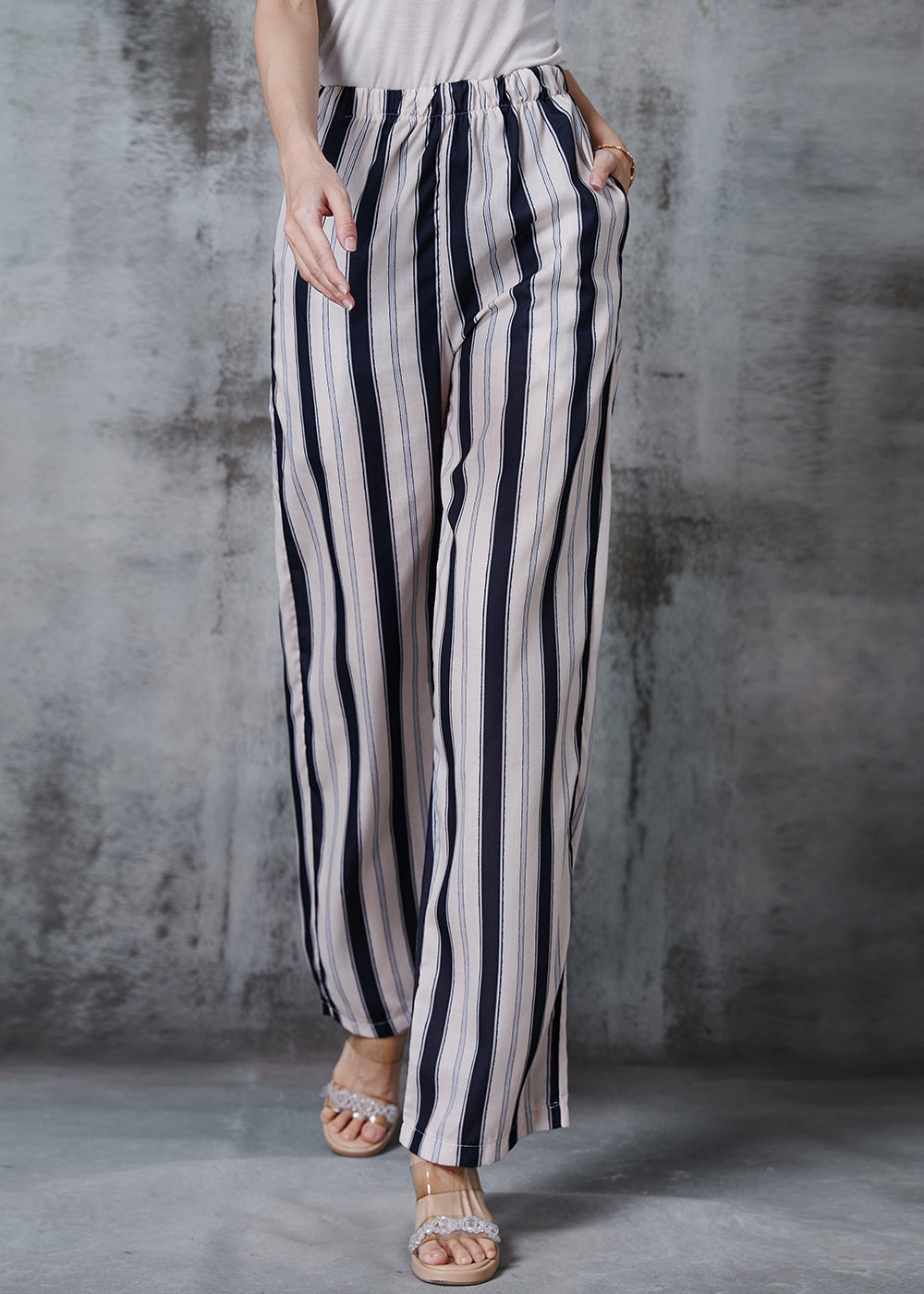 Apricot Striped Cotton Straight Pants Fall