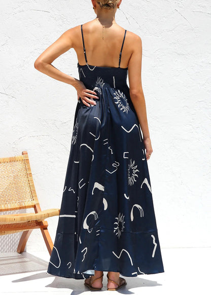 Navy Print Cotton Spaghetti Strap Dress Summer