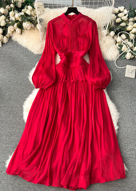 Art Red Wrinkled Patchwork Silk Cotton Dress Long Sleeve
