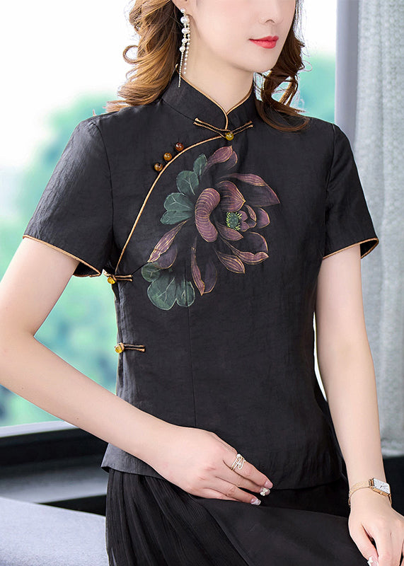 Black Stand Collar Print Chinese Button Silk Shirt Tops Summer