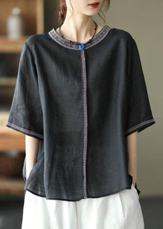 Natural Black O-neck Embroidered Summer Ramie Blouses Half Sleeve