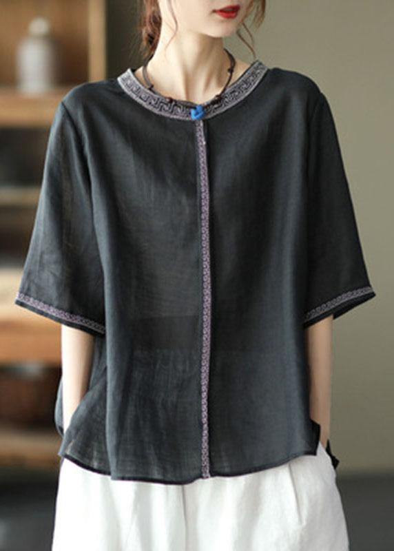 Natural Black O-neck Embroidered Summer Ramie Blouses Half Sleeve
