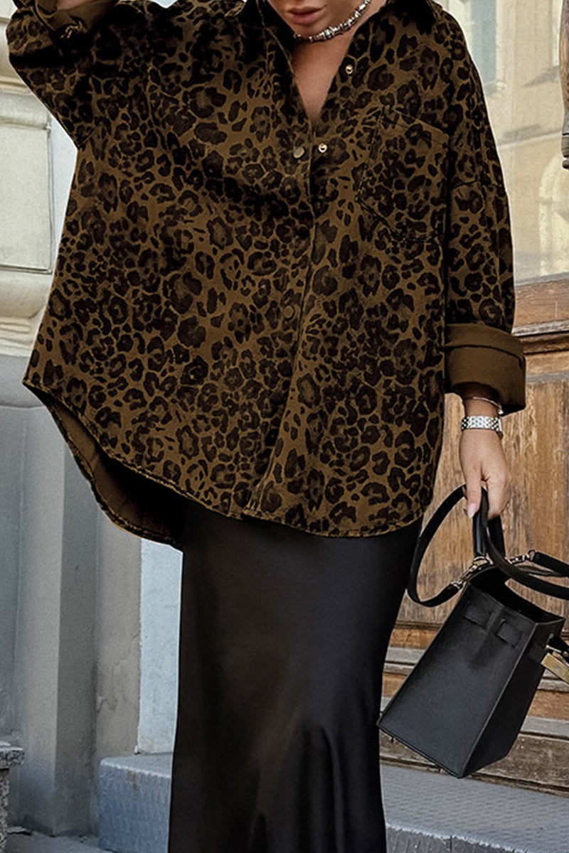 Street Leopard Print Buttons Turndown Collar Tops