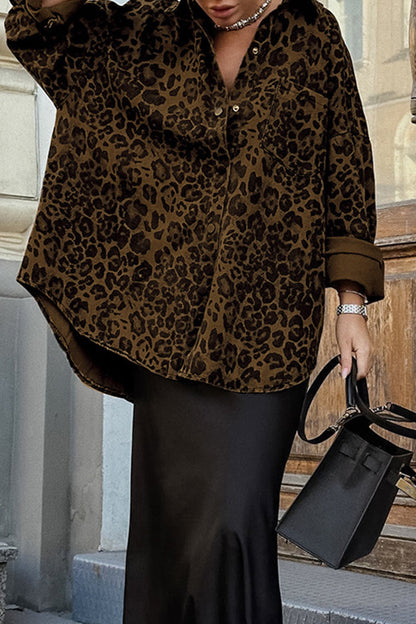 Street Leopard Print Buttons Turndown Collar Tops