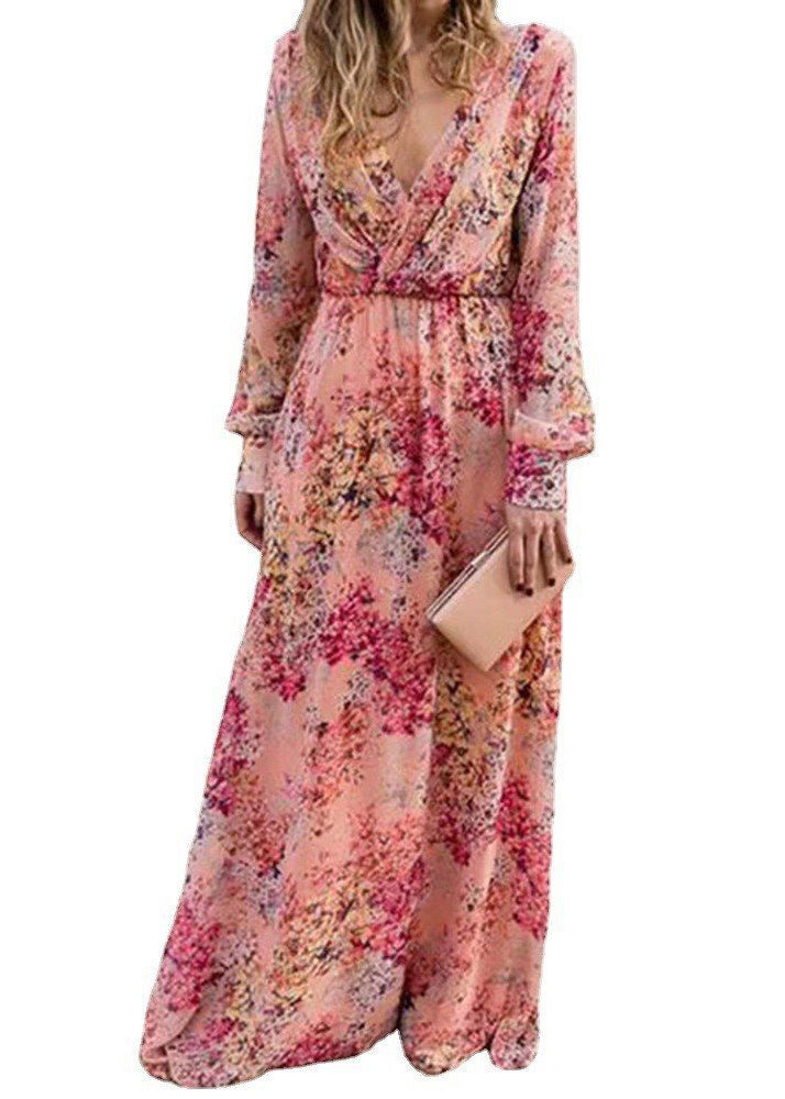 Pink V Neck Print Cotton Long Dress Fall