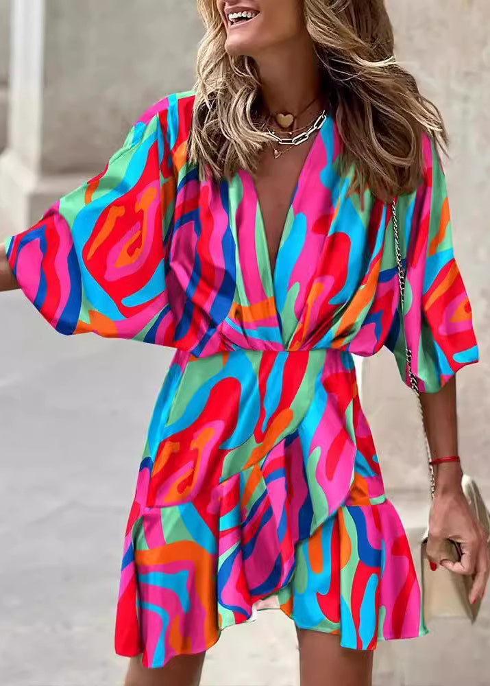 New Orange V Neck Print Asymmetrical Design Cotton Mid Dress Batwing Sleeve