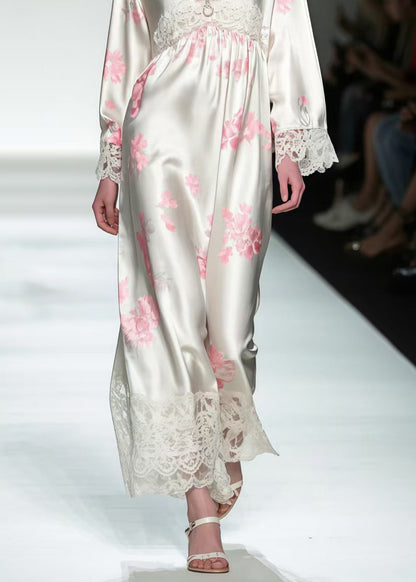 White Print Patchwork Lace Silk Maxi Dresses Spring