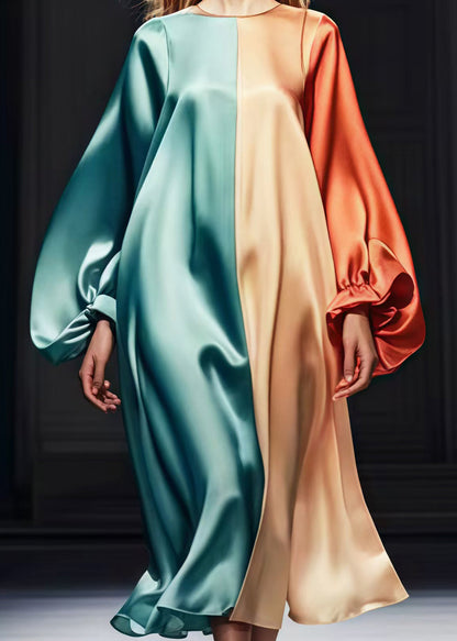 Colorblock Oversized Patchwork Silk Dress Lantern Sleeve