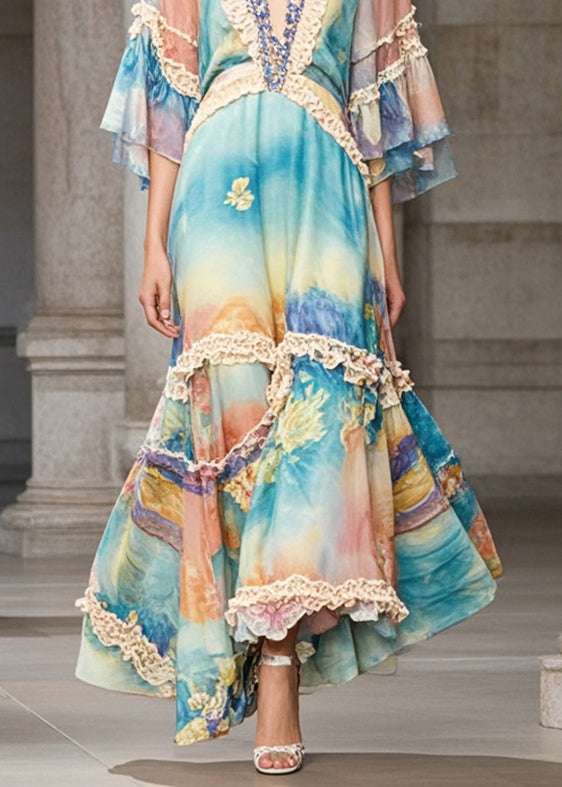 Rainbow Ruffled Patchwork Chiffon Maxi Dress Summer