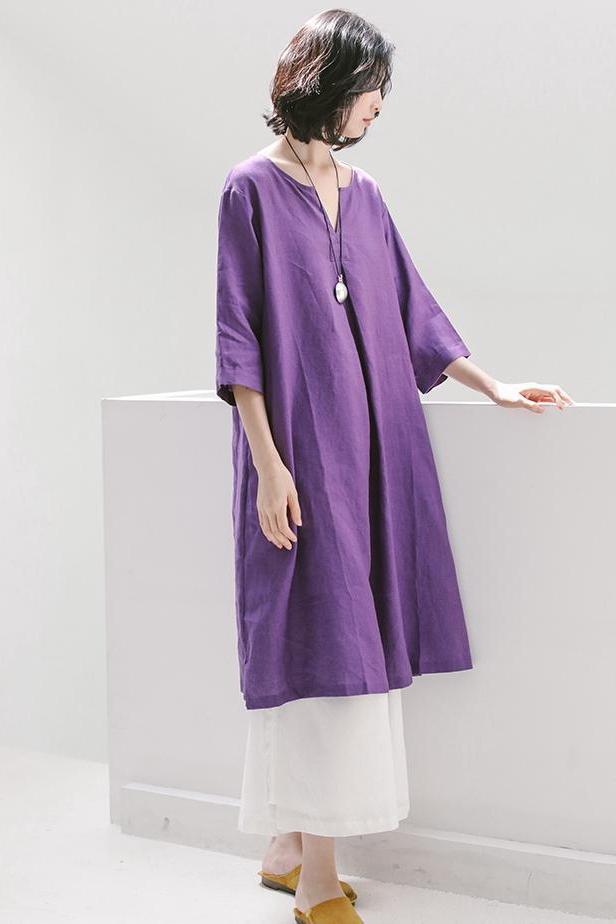 Linen Purple Summer Dresses Loose Clothes