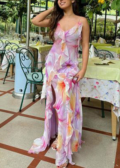 Stylish Light Purple Ruffled Print Cotton Spaghetti Strap Dress Summer