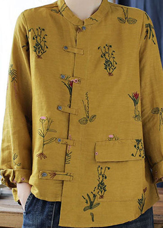 Yellow Asymmetrical Design Button Linen Blouses Top Long Sleeve