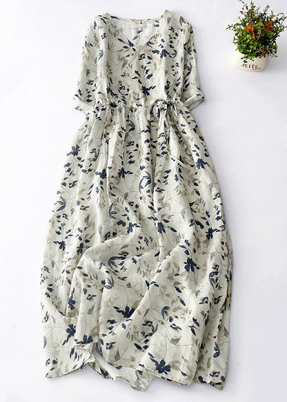Light Grey Print Lace Up Cotton Dresses Summer