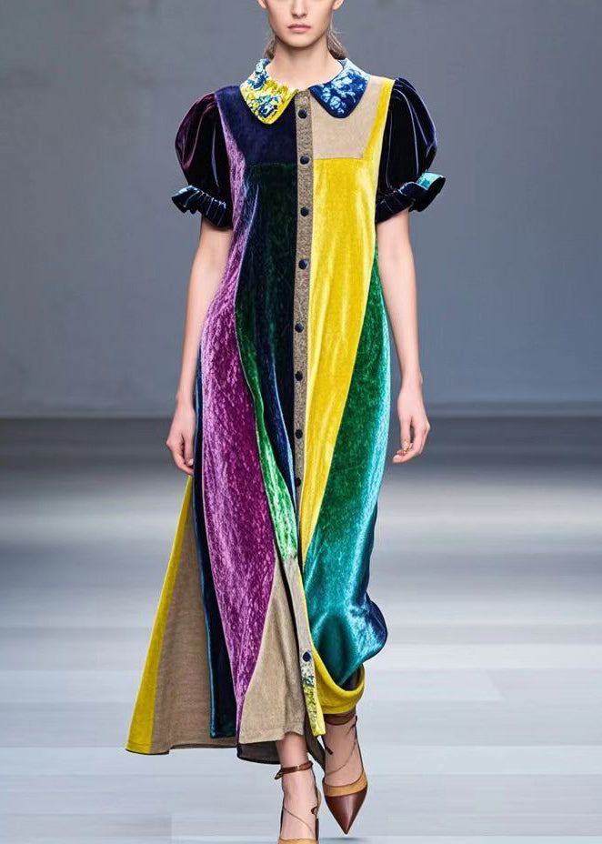 Colorblock Peter Pan Collar Patchwork Silk Velvet Robe Dresses Fall