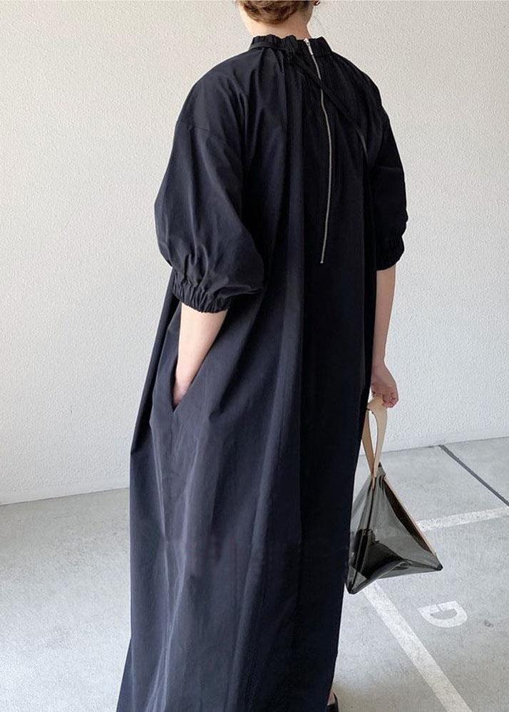 Navy Back Zippered Cotton Maxi Dress Half Sleeve