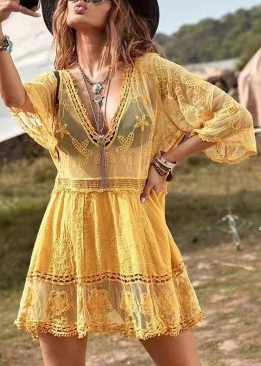 Stylish Yellow V Neck Lace Embroidered Cotton Mid Dress Summer