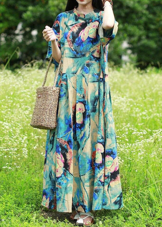 Blue Stand Collar Print Long Dress Short Sleeve