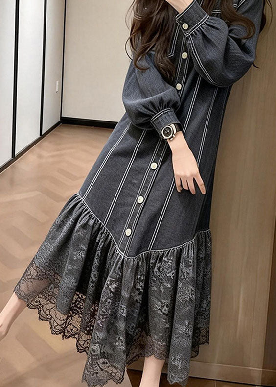 Black Peter Pan Collar Lace Patchwork Denim Dress Spring