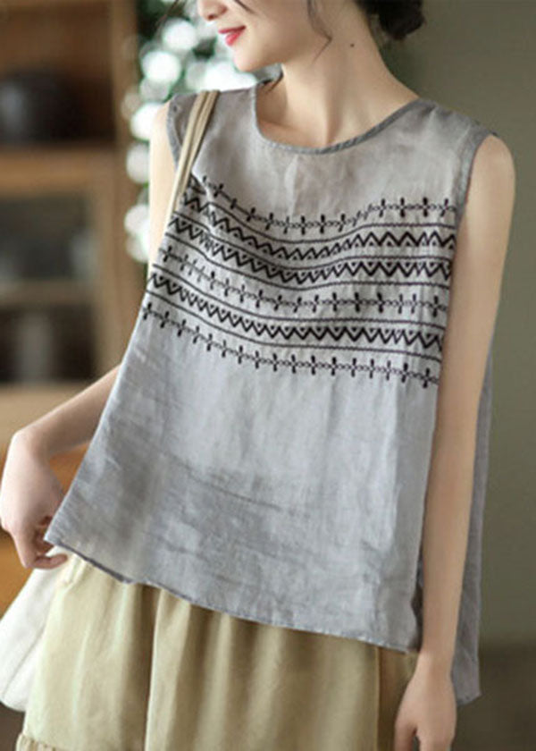 Grey Linen Tank Tops Button Embroidered Sleeveless