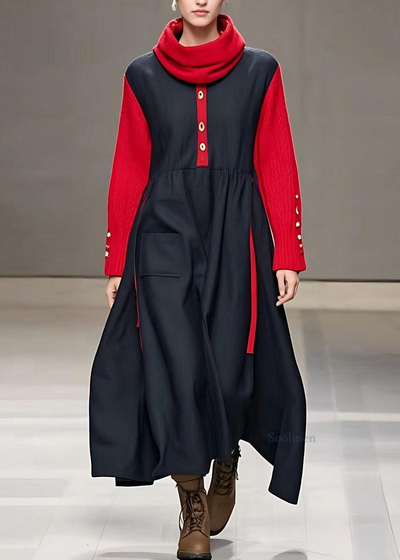 Black Turtleneck Patchwork Maxi Dresses Long Sleeve