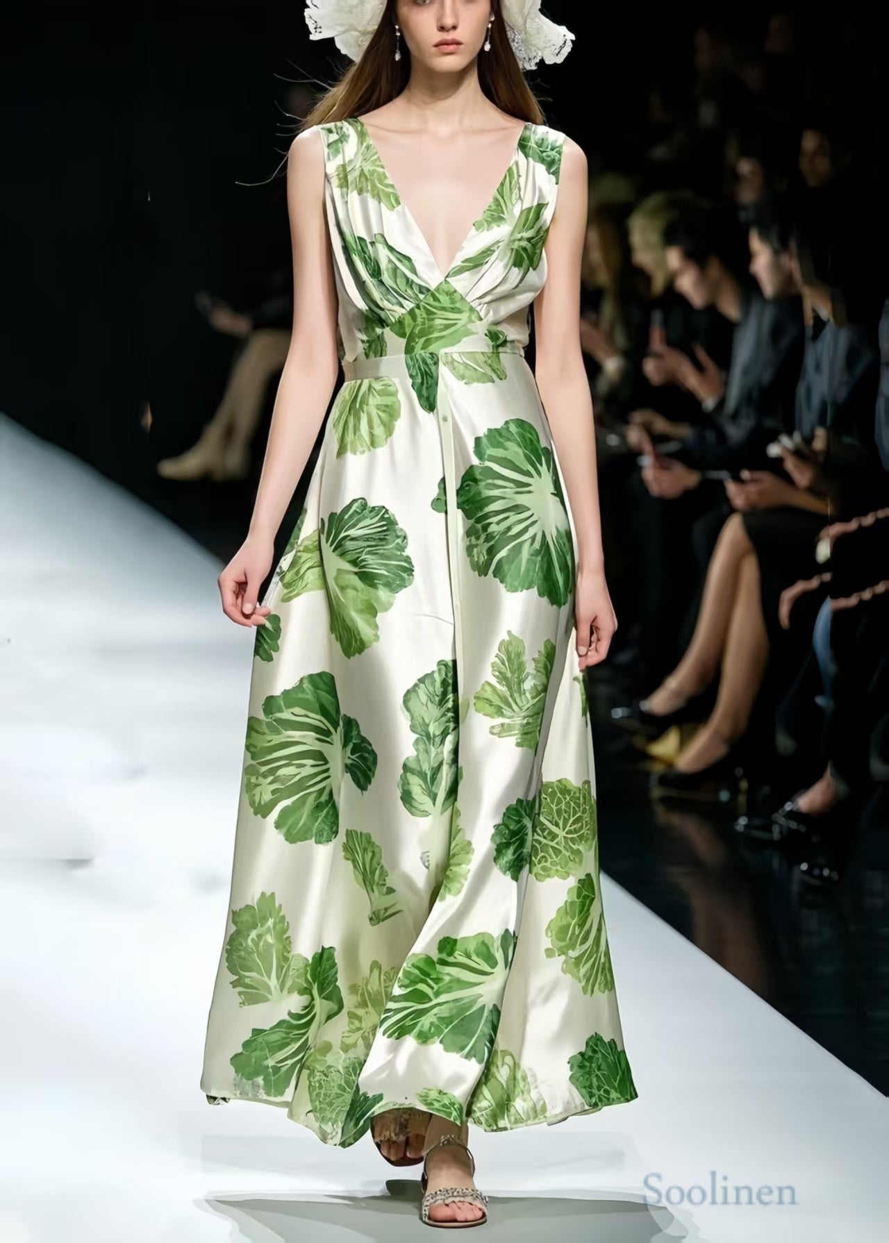 Diy Green Print Exra Large Hem Silk Maxi Dresses Summer