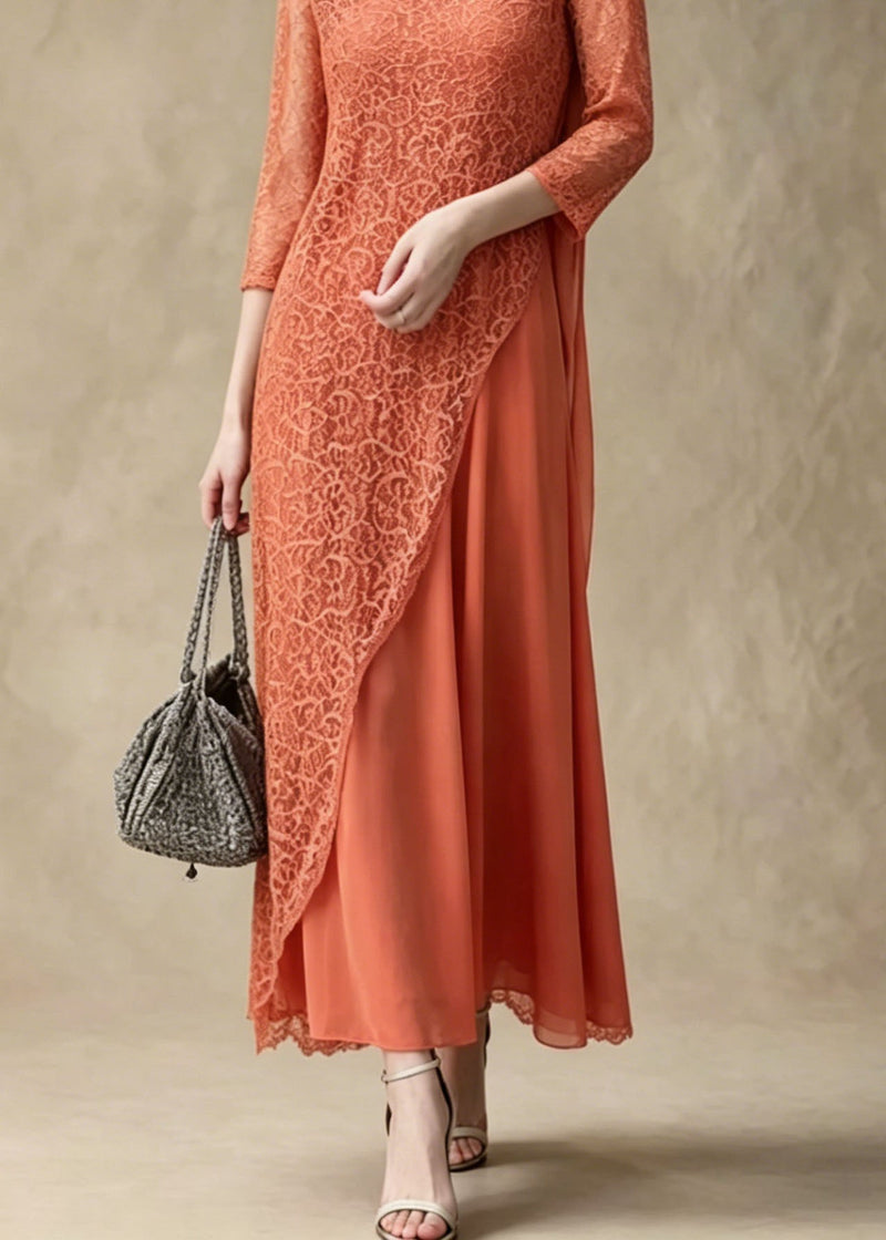 Orange Asymmetrical Lace Long Smock and Chiffon Dress 2 Piece Outfit Summer