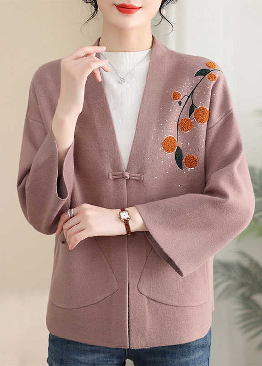 Pink Print Button Cotton Knit Coat Spring
