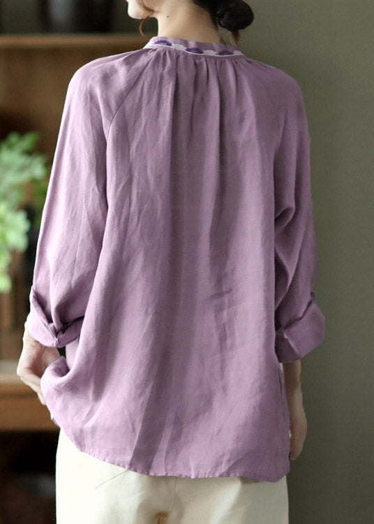 Novelty Purple V Neck Embroidered Neck Tie Linen Shirt Long Sleeve