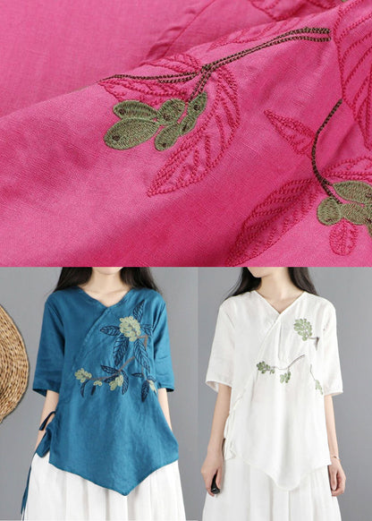 White V Neck Asymmetrical Design Cotton Tops Short Sleeve