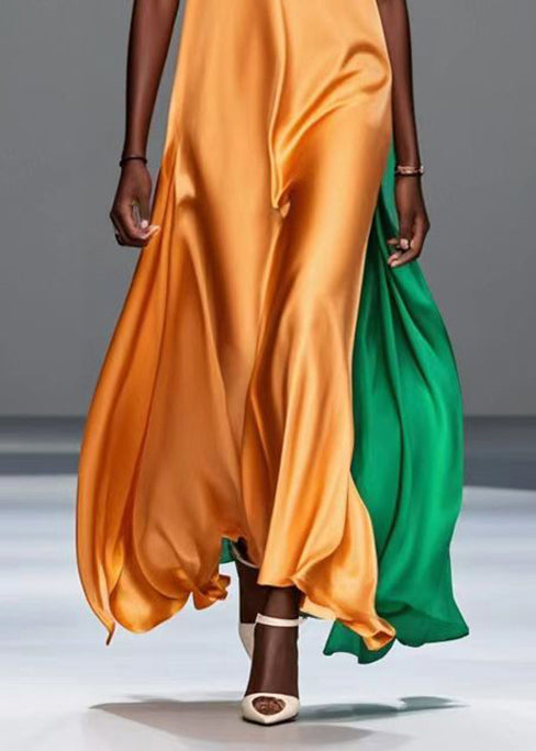 Yellow V Neck Patchwork Silk Summer Dress Sleeveless