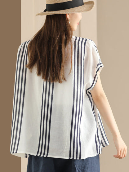 Summer Artsy Stripe V-neck Thin Linen Shirt